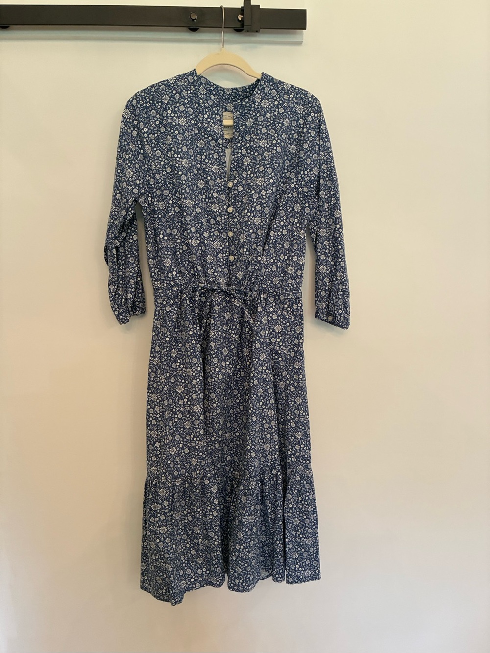 Organic Cotton Navy Floral Tie-Waist Midi Dress